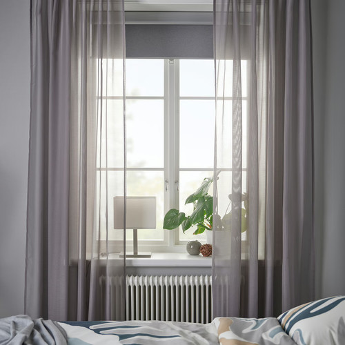 STENFRÖ Sheer curtains, 1 pair, grey/with heading tape, 145x300 cm