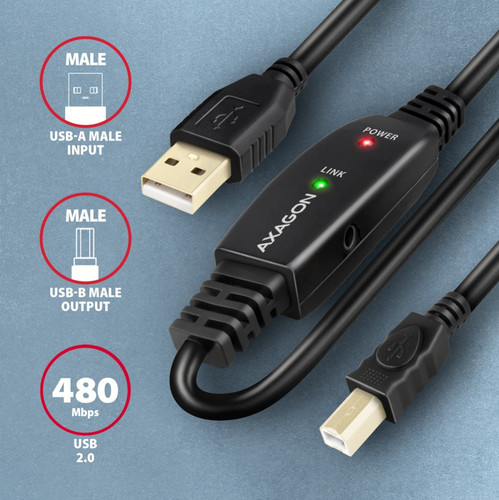 AXAGON USB Cable ADR-215B USB 2.0 A-M -> B-M act 15m