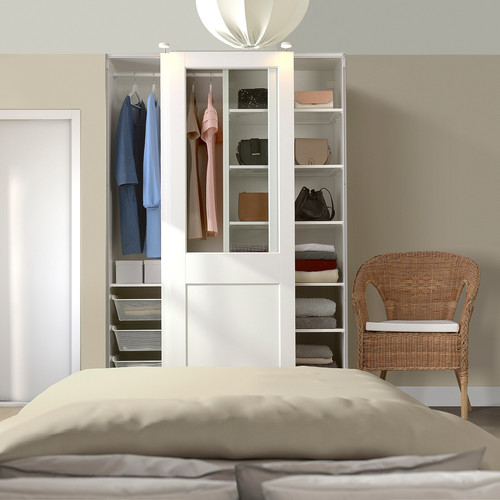 PAX / GRIMO Wardrobe combination, white/clear glass white, 150x66x236 cm