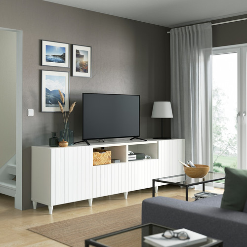 BESTÅ TV bench with doors and drawers, white, Sutterviken/Kabbarp white, 240x42x74 cm