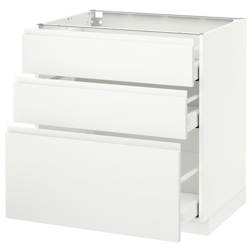 METOD / MAXIMERA Base cabinet with 3 drawers, white, Voxtorp matt white white, 80x60 cm