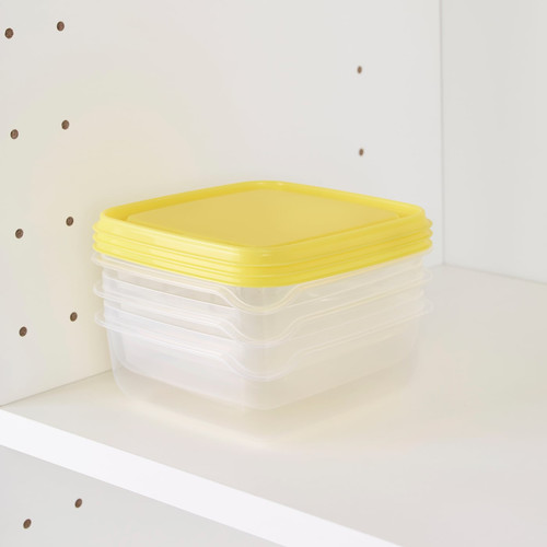 PRUTA Food container, transparent, yellow, 0.6 l