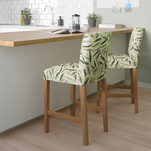 BERGMUND Bar stool with backrest, oak/Fågelfors multicolour, 62 cm