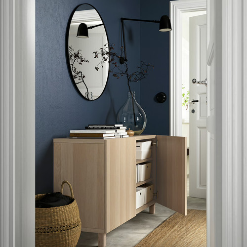 BESTÅ Storage combination with doors, white stained oak effect, Lappviken white stained oak effect, 120x40x74 cm