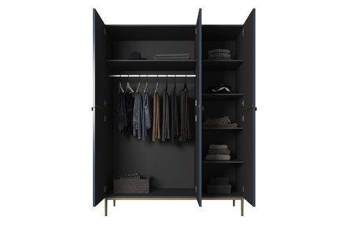 Wardrobe Nicole 150 cm, dark blue, gold handles and legs