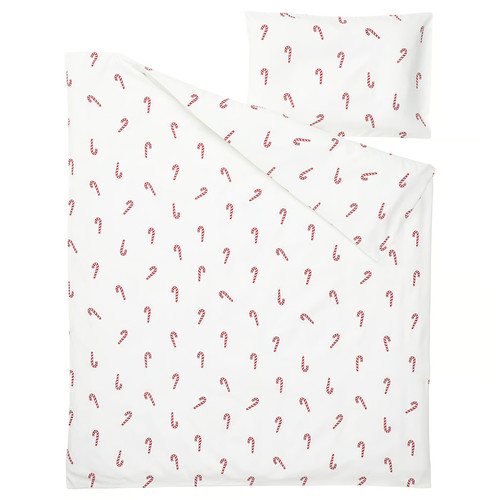 LÖVSÅNGARE Duvet cover 1 pillowcase for cot, candy cane pattern, 110x125/35x55 cm