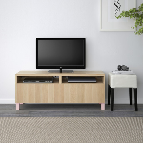 BESTÅ TV bench with drawers, white stained oak effect/Lappviken/Stubbarp pink, 120x42x48 cm