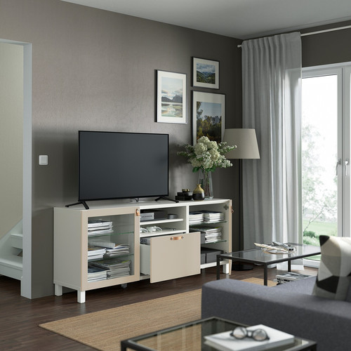 BESTÅ TV bench with drawers, white Sindvik/Lappviken/Stubbarp light grey/beige, 180x42x74 cm