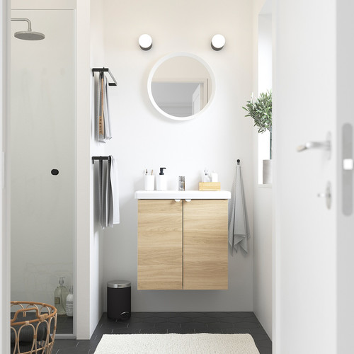 ENHET / TVÄLLEN Wash-stnd w doors/wash-basin/tap, white/oak effect, 64x43x65 cm