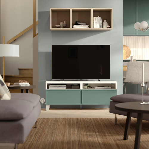 BESTÅ TV bench with drawers, white/Krukmakare dark grey-green, 120x42x48 cm