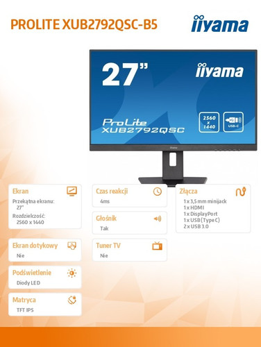 IIyama 27" Monitor XUB2792QSC-B5 IPS QHD USB-C HDMI DP USB3.0