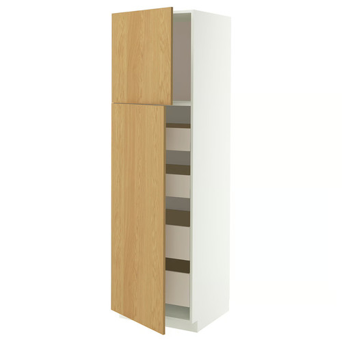 METOD / MAXIMERA Hi cab w 2 doors/4 drawers, white/Sinarp oak veneer, 60x60x200 cm