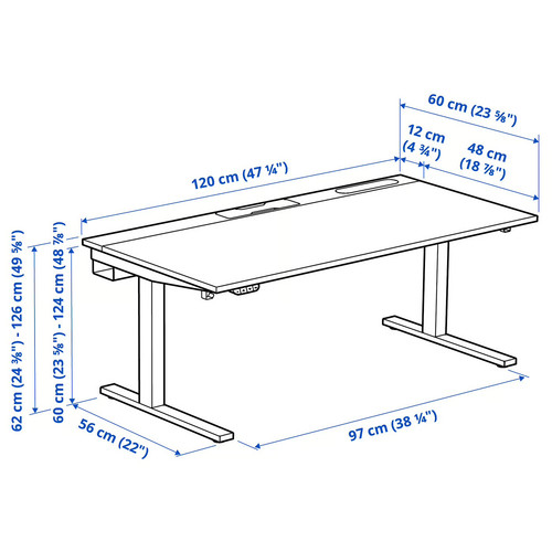 MITTZON Desk sit/stand, electric black stained ash veneer/black white, 120x60 cm