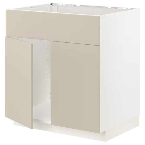 METOD Base cabinet f sink w 2 doors/front, white/Havstorp beige, 80x60 cm
