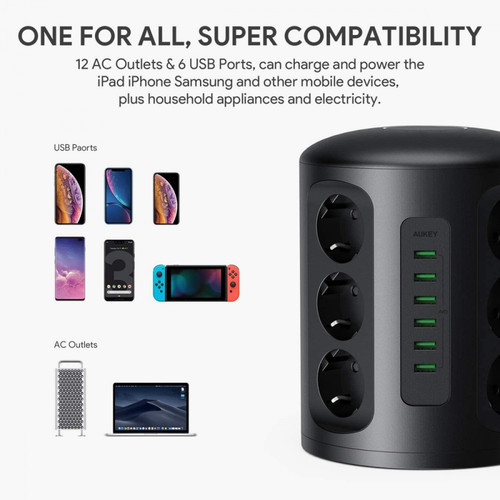 Aukey Power Strip Surge Protector Charger PA-S14 Power Hub XL 6xUSB 12xAC Outlets EU Plug