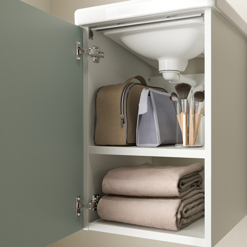 ENHET / TVÄLLEN Wash-stnd w door/wash-basin/tap, white/pale grey-green, 44x43x65 cm