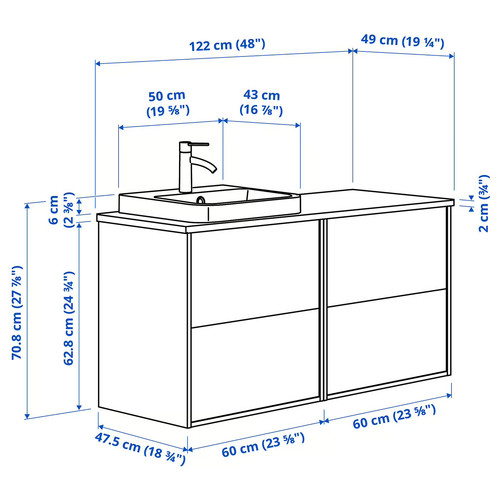 ÄNGSJÖN / BACKSJÖN Wash-stand/wash-basin/tap, brown oak effect/grey stone effect, 122x49x71 cm