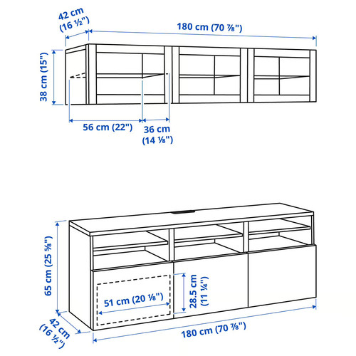 BESTÅ TV storage combination/glass doors, black-brown, 180x42x192 cm