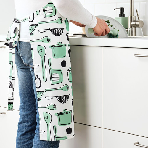RINNIG Apron, white/green, patterned