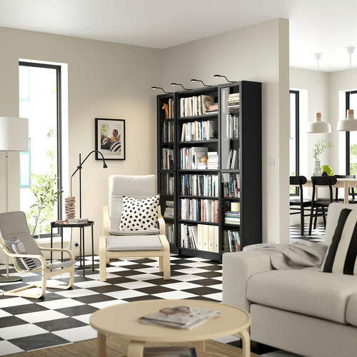 BILLY / OXBERG Bookcase comb w glass doors, black oak effect, 160x202 cm