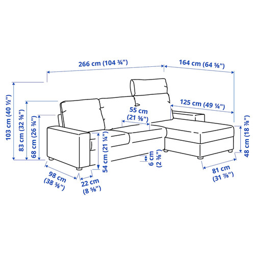 VIMLE 3-seat sofa with chaise longue, with headrest with wide armrests/Saxemara black-blue