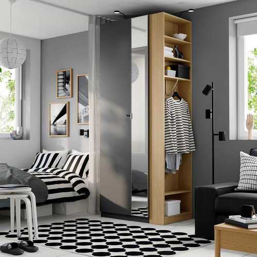 PAX / FORSAND/ÅHEIM Wardrobe combination, dark grey dark grey/mirror glass oak effect, 95x60x236 cm
