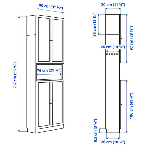 BILLY / OXBERG Bookcase w doors/ext unit, black oak effect, 80x30x237 cm