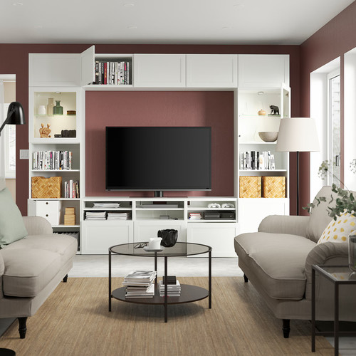 BESTÅ TV storage combination/glass doors, white/Hanviken white clear glass, 300x42x231 cm