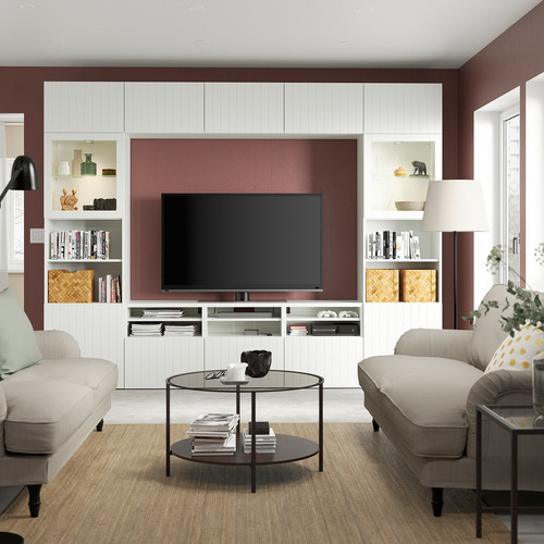 BESTÅ TV storage combination/glass doors, white Sutterviken/Sindvik white clear glass, 300x42x231 cm