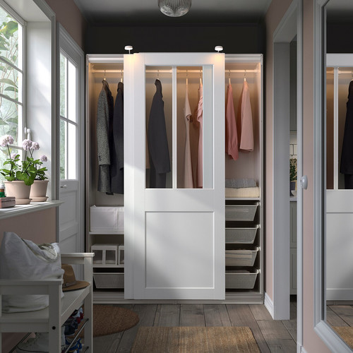 PAX / GRIMO Wardrobe with sliding doors, white/clear glass white, 150x66x201 cm