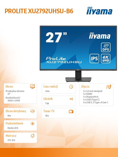 IIYAMA 27" Monitor XU2792UHSU-B6 4K IPS DP HDMI