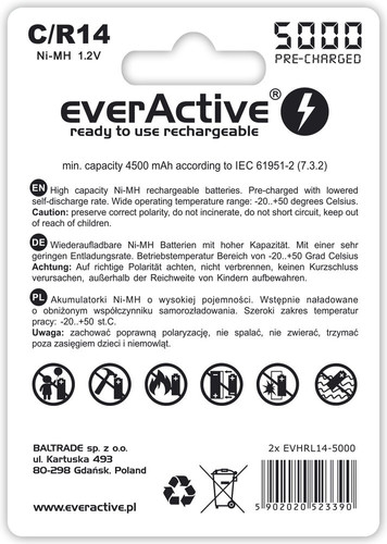 EverActive Ni-MH Batteries 1.2V C/R14 5000mAh Professional Line, 2 pack