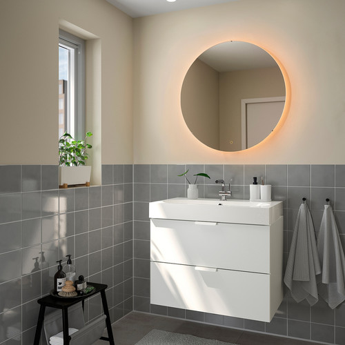 SKEJSEL Mirror with integrated lighting, round dimmable