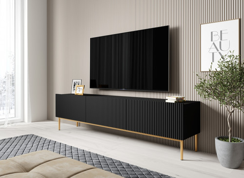 TV Cabinet Nicole 200 cm, matt black, gold legs