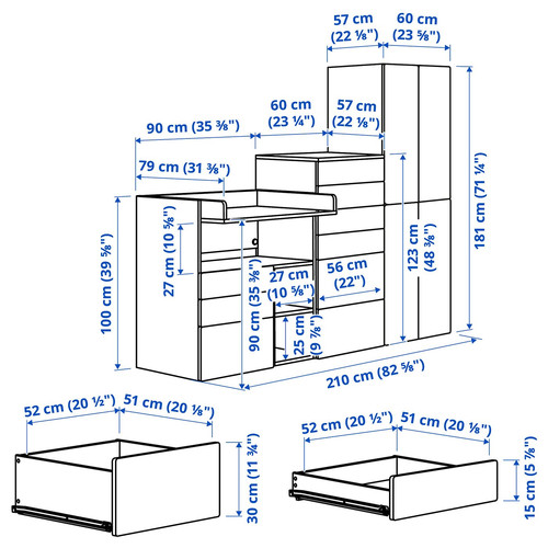 SMÅSTAD / PLATSA Storage combination, white white/with changing table, 210x79x181 cm