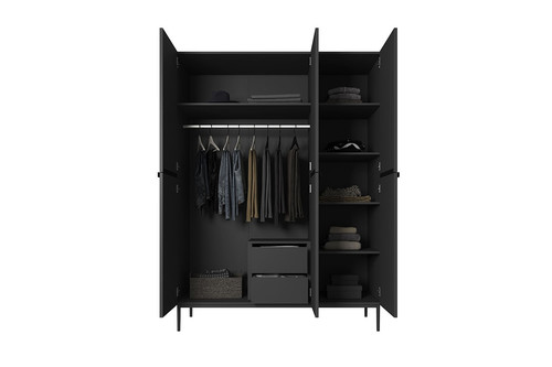 Wardrobe Nicole with Drawer Unit 150 cm, matt black, black handles and legs