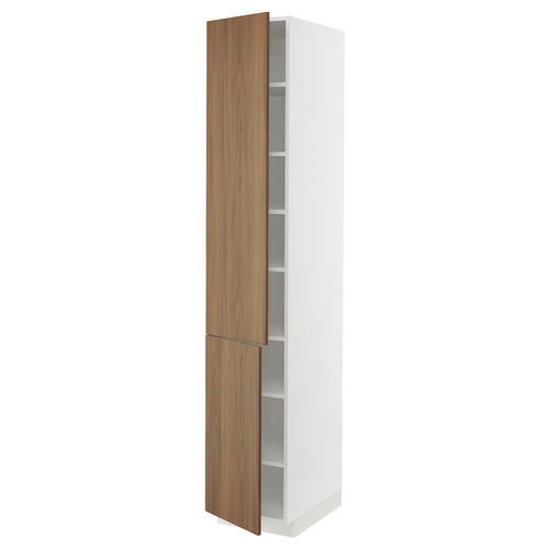 METOD High cabinet with shelves/2 doors, white/Tistorp brown walnut effect, 40x60x220 cm