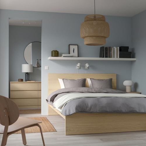 MALM Bed frame with mattress, white stained oak veneer/Valevåg extra firm, 180x200 cm