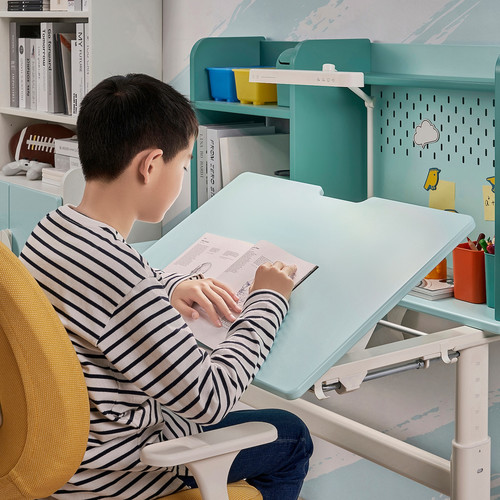 BERGLÄRKA Desk, turquoise/white tiltable, 100x70 cm
