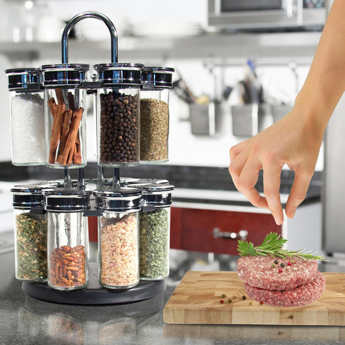 Rotating Spice Rack with 16 Glass Jars, Black/Silver