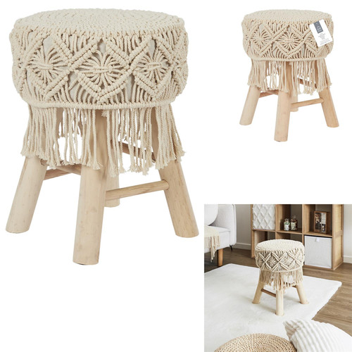 Boho Woven Stool, natural wood