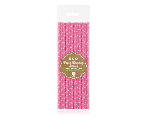Paper Drinking Straws 12pcs, pink/white dots