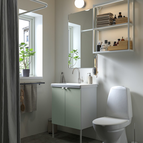 ENHET / TVÄLLEN Bathroom furniture, set of 11, white/pale grey-green Glypen tap, 64x43x87 cm