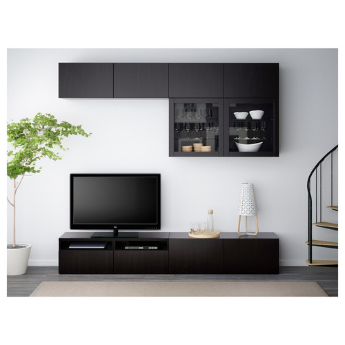 BESTÅ TV storage combination/glass doors, black-brown/Lappviken black-brown clear glass, 240x42x231 cm