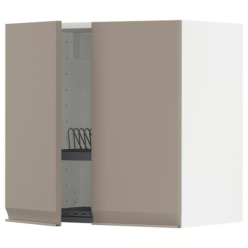 METOD Wall cabinet w dish drainer/2 doors, white/Upplöv matt dark beige, 60x60 cm