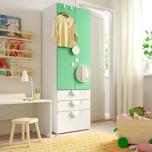 SMÅSTAD / PLATSA Wardrobe, white green/with 3 drawers, 60x42x181 cm