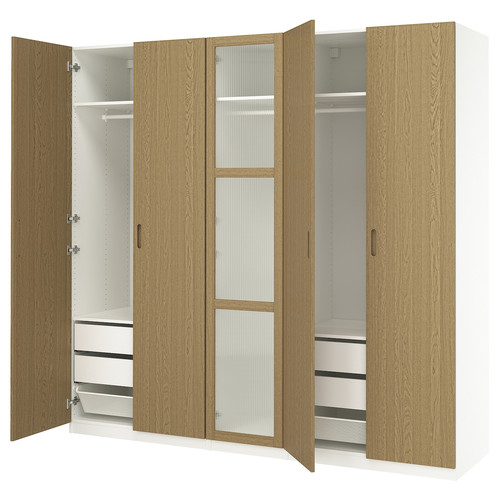 PAX / TONSTAD Wardrobe combination, white/oak veneer glass, 250x60x236 cm