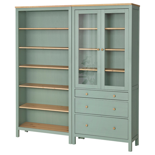 HEMNES Storage combination w doors/drawers, grey-green/light brown stained, 180x197 cm