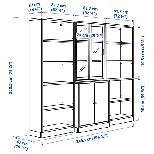TONSTAD Storage comb w sliding glass doors, oak veneer/clear glass, 245x47x201 cm