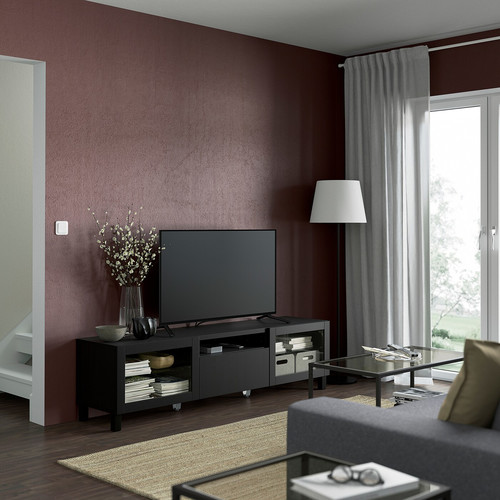 BESTÅ TV bench, black-brown, Lappviken/Stubbarp black-brown clear glass, 180x42x48 cm